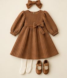 Girl · oldest: Cinnamon ribbed dress with bow, ivory tights