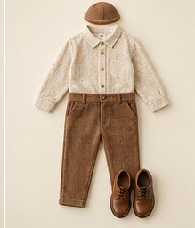 Boy · oldest: Oat knit shirt, cinnamon corduroy pants, cap