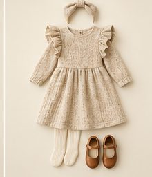 Girl: Cinnamon ribbed dress with bow, ivory tights
