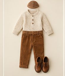 Boy: Oat knit shirt, cinnamon corduroy pants, cap