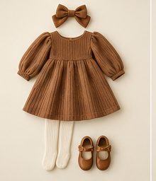 Girl · youngest: Cinnamon ribbed dress with bow, ivory tights