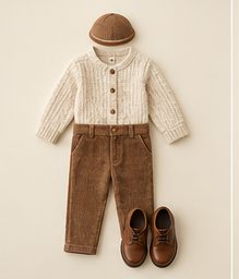 Boy · youngest: Oat knit shirt, cinnamon corduroy pants, cap