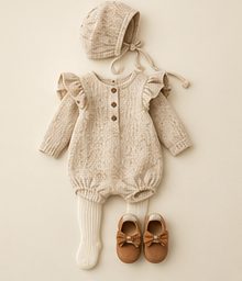 Baby: Oat knit romper, bonnet