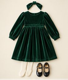 Girl · oldest: Emerald velvet dress with bow headband, ivory tights