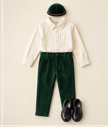 Boy · oldest: Ivory shirt, emerald corduroy pants, flat cap