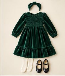Girl: Emerald velvet dress with bow headband, ivory tights