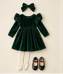 Girl · youngest: Emerald velvet dress with bow headband, ivory tights