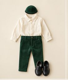Boy · youngest: Ivory shirt, emerald corduroy pants, flat cap
