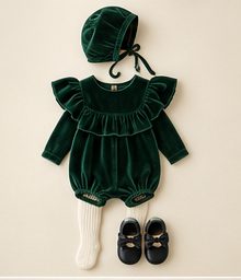 Baby: Emerald velvet romper, bonnet, ivory tights