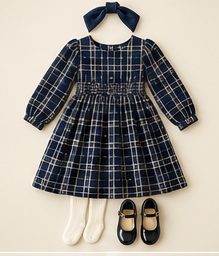 Girl · oldest: Navy plaid dress with headband, ivory tights
