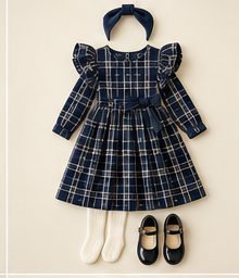 Girl: Navy plaid dress with headband, ivory tights