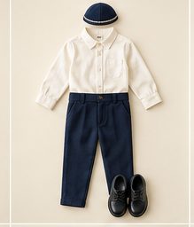 Boy: Ivory shirt, navy pants, flat cap