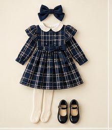 Girl · youngest: Navy plaid dress with headband, ivory tights