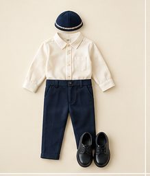 Boy · youngest: Ivory shirt, navy pants, flat cap