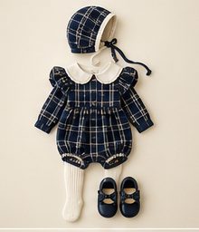 Baby: Navy plaid romper, bonnet, ivory tights