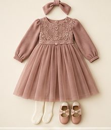 Girl · oldest: Rose smocked dress with bow, ivory tights