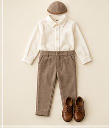 Boy · oldest: Ivory henley shirt, oat trousers, cap