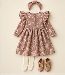 Girl: Rose smocked dress with bow, ivory tights