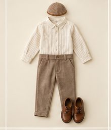 Boy: Ivory henley shirt, oat trousers, cap