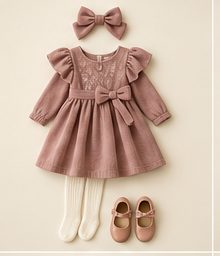 Girl · youngest: Rose smocked dress with bow, ivory tights