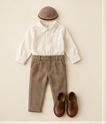 Boy · youngest: Ivory henley shirt, oat trousers, cap
