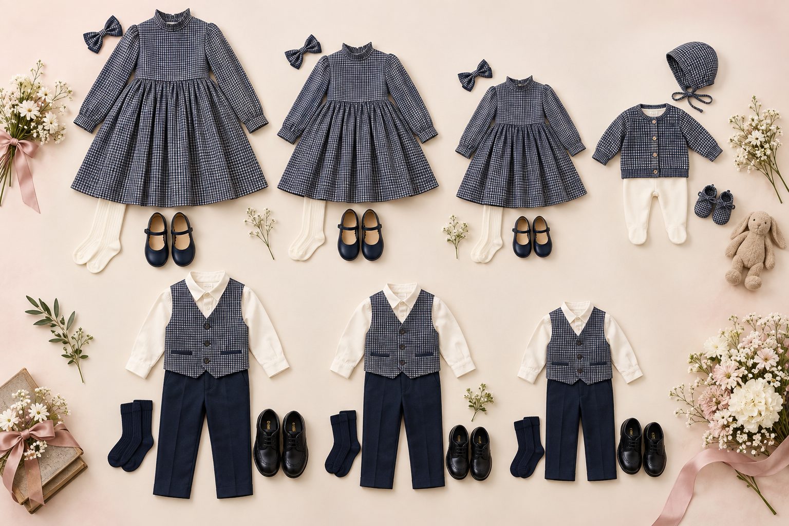 Seven coordinated navy gingham outfits laid flat: three girls' dresses, a baby cardigan set and three boys' vest outfits with matching accessories